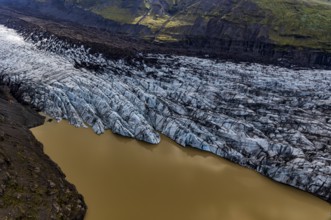 Glacier tongue, glacier edge, glacier, lake, glacier lagoon, aerial view, black ice, climate