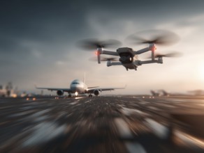 Ein Quadrocopter, Drohne, droht mit einem startenden Verkehrsflugzeug zu kollidieren, während ein