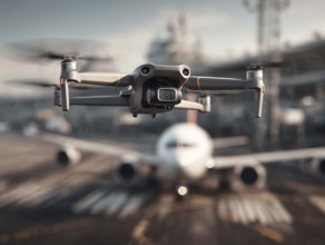 Ein Fernpilot steuert sein Quadrocopter, Drohne illegal über eine Rollbahn von einem Flughafen.