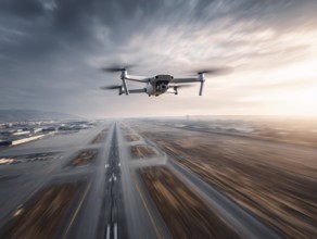 Ein Fernpilot steuert sein Quadrocopter, Drohne illegal über eine Startbahn von einem Flughafen.