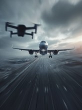 Ein Quadrocopter, Drohne, droht mit einem startenden Verkehrsflugzeug zu kollidieren, während ein