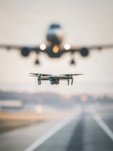 Ein Quadrocopter, Drohne, droht mit einem landenden Verkehrsflugzeug zu kollidieren, während ein