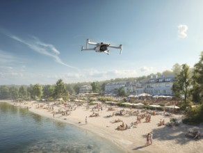 Ein Fernpilot steuert sein Quadrocopter, Drohne über einen dicht besetzten Badestrand, um illegale