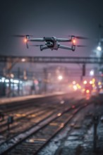 Ein Fernpilot steuert sein Quadrocopter, Drohne illegal über Bahnhofsgelände, Bahngelände,