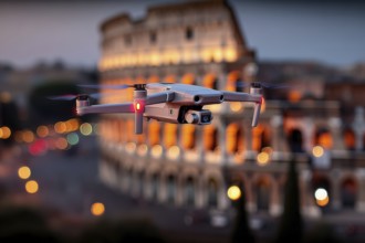 Ein Fernpilot steuert sein Quadrocopter, Drohne illegal über dichtbesiedeltes Stadtgebiet an einem