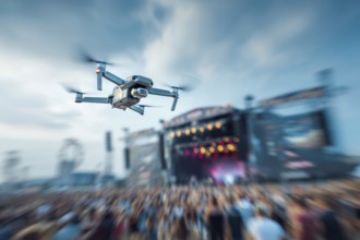 Ein Fernpilot steuert sein Quadrocopter, Drohne illegal über ein Open-Air Musik Konzert mit vielen