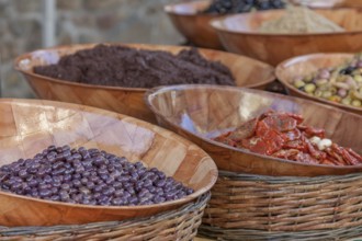 Olives and tomatoes, market sale, Brittany, France