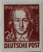 Johann Wolfgang von Goethe, a German writer and statesman, portrait on a German post stamp