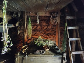 Interior view of Eiríksstadir, Viking-era longhouse, where the discoverer of America Leifur