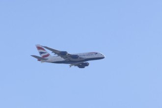 Airbus A380 jet passenger aircraft of BA British Airways airlines flying, England, United Kingdom