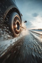 Car drives fast on a wet road, motorway, motorway and generates splash water, risk of accident due
