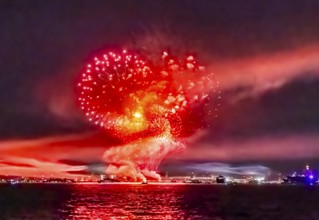 Lake Night Festival Constance. Water fireworks over the German shore and the neighbouring Swiss