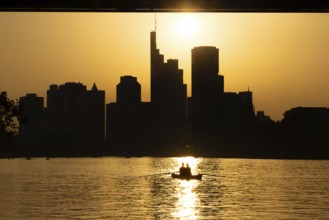 The evening sun stands over the Frankfurt banking skyline while paddlers and rowers navigate the