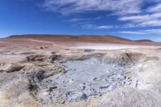 Boiling mud hole in the Sol de Mañana geothermal area, steam, lagoon route, San Pablo, Departamento