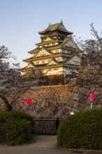 Osaka Castle, at dusk, cherry trees in bloom, Chuo-ku, Osaka, Osaka Prefecture, Japan