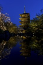 To-ji Temple reflected in the water of Toji Hyotan-ike Pond, blue hour, dusk, Minami-ku, Kyoto,