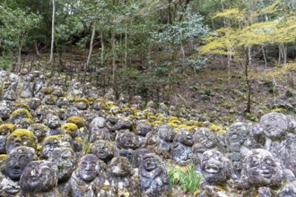 Rakan statues at Otagi Nenbutsuji Temple, stone, moss-covered, forest in the background, Ukyo-ku,