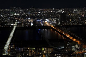 Osaka skyline at night, river, bridges, Kita-ku, Osaka, Osaka Prefecture, Japan