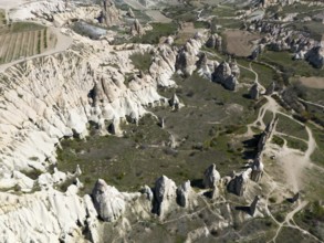 Aerial view of rocky valleys and formations in the Cappadocia region, aerial view, Love Valley,
