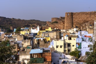 Mehrangarh Fort, above colourful houses, Blue City, Gulab Sagar, Jodhpur, Rajasthan, India
