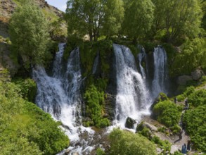 Several waterfalls surrounded by dense greenery and trees, aerial view, Shaki waterfall, Shaki,