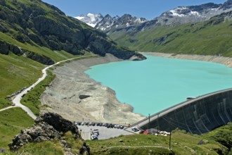 At the Moiry reservoir, Lac de Moiry, at low water in summer, Val d'Anniviers, Valais, Switzerland