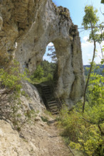 Teufelstorffelsen, Jura rock, gate-like breakthrough, stairs, natural monument between Gammertingen
