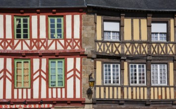 Two half-timbered houses in contrasting colours, windows with green frames, Tréguier, Brittany,