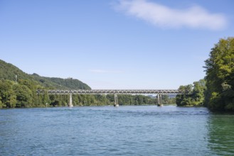 View over the Rhine, Hochrhein to the historic truss bridge, railway bridge of the Nationalbahn