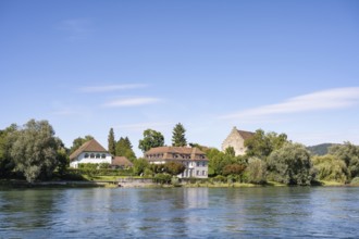 View over the Rhine, Hochrhein to the historic Bibermühle mill near Rheinklingen, Canton Thurgau,