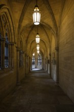 Illuminated neo-Gothic archway, St Mary Abbot Church, Kensington, London, England, Great Britain