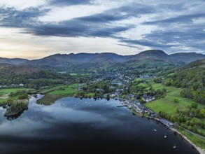 Sunset over Windermere Lake from a drone, Ambleside, Lake District, Cumbria, England, United