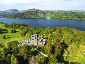 Wray Castle from a drone, Lake Windermere, Ambleside, Lake District, Cumbria, England, United