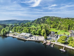 Windermere Lake from drone over Fell Foot Park, Lake District, Cumbria, England, United Kingdom