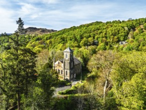 Holy Trinity Church from a drone, Bog Lane, Brathay village, Lake District, Cumbria, England,