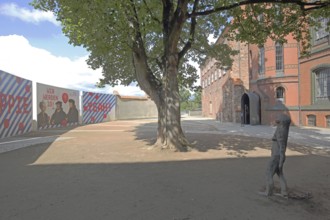 European Hanseatic Museum with sculpture Mary Magdalene by Kiki Smith 1994, banner, historic brick