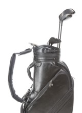 Black leather golf bag with A set of golf clubs isolated on a white background