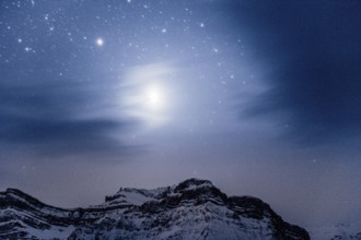 Starry sky during a winter road trip on the Icefields Parkway with lots of snow and ice, Banff