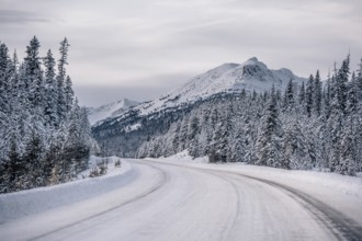 Winter road trip on the Icefields Parkway with lots of snow and ice, Banff National Park, Jasper