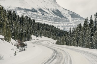 Winter road trip on the Icefields Parkway with lots of snow and ice, Banff National Park, Jasper