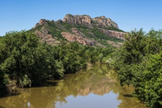 Island with tower and red rocks, Ile d'or, Cap du Dramont, Saint-Raphaël, Massif de l'Esterel,