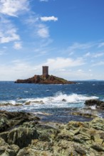 Island with tower and red rocks, Ile d'or, Cap du Dramont, Saint-Raphaël, Massif de l'Esterel,