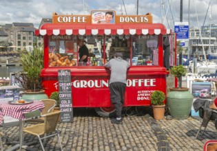 Coffee Donuts red booth cafe, The Barbican, city of Plymouth, Devon, England, UK