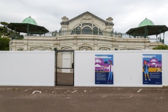 Hoardings surround pavilion restoration project work, Torquay pavilion, Torquay, Devon, England, UK