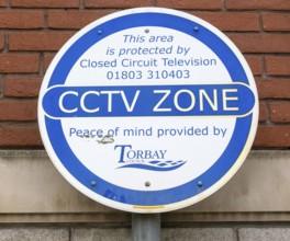 CCTV zone closed circuit television surveillance sign, Torbay Council, Torquay, Devon, England, UK