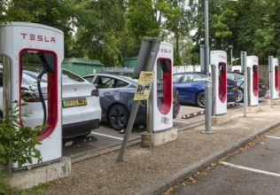 Charging point facility for Tesla electric vehicles at service station, M25 South Mimms services,