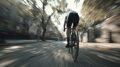 A cyclist, racing cyclist riding his racing bike fast on a road through a rural area, motion blur,