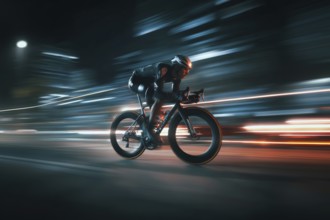 A cyclist, racing cyclist riding his racing bike fast on a road through a rural area in the dark,