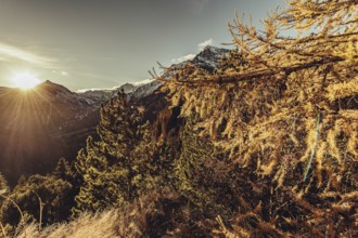 Autumn atmosphere in the Swiss Alps in the Engadine. Photographed from the village of Maloja on the