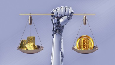 Symbolic image, gold or bitcoin, insecure digital currency, bitcoin, gold as a reserve currency,